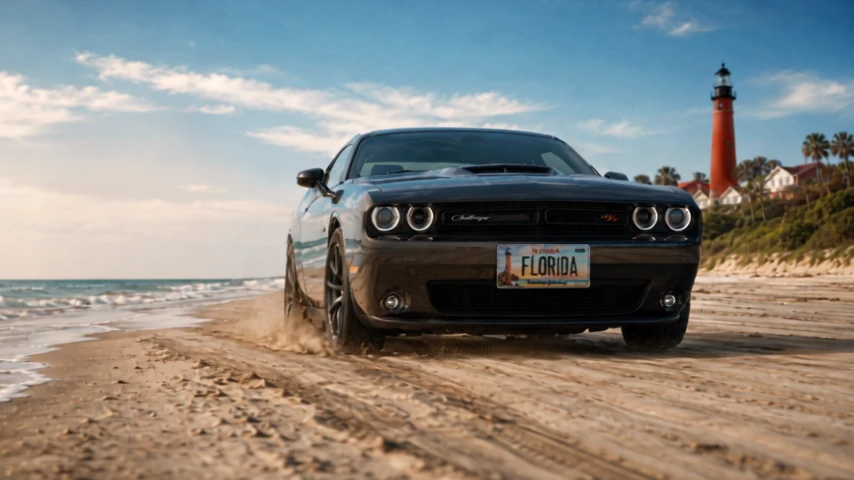 A car beside the coast with a Florida lighthouse specialty license plate